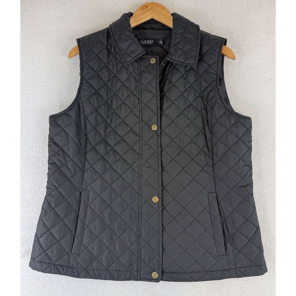 Lauren Ralph Lauren Quilted Vest Womens Large Black Gold Snap Full Zip 18994T